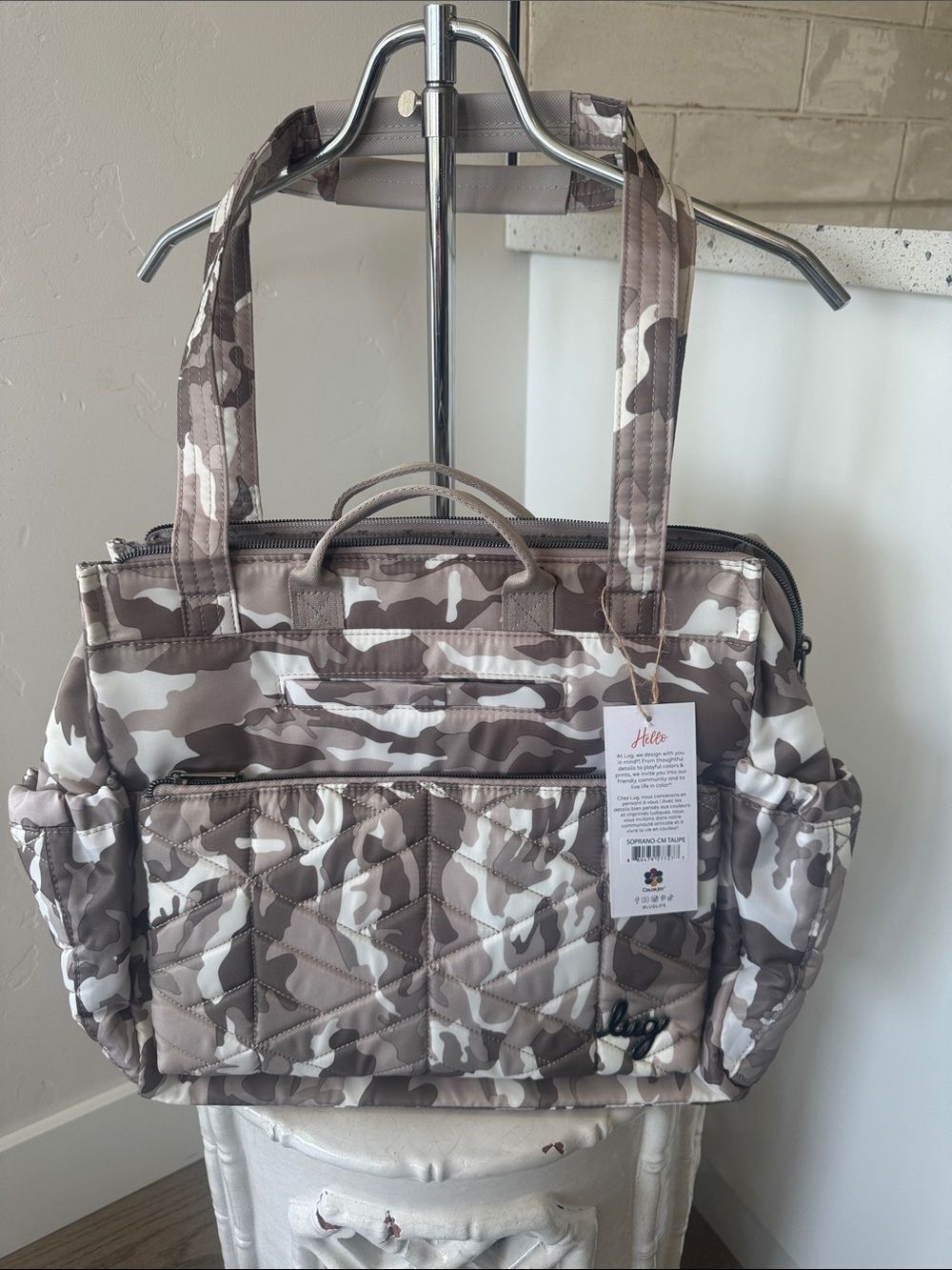 Lug Soprano Camo Taupe Quilted Tote Travel Every Day Bag Multi Zipper Pockets NW